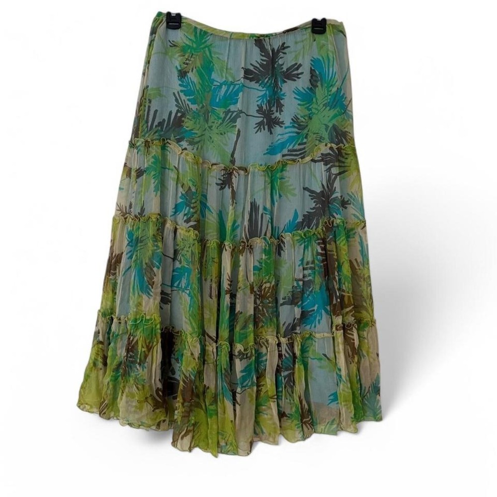 Vintage Skirt Tiered Midi Tropical Print 100% Silk Blue Green Womens Size 8